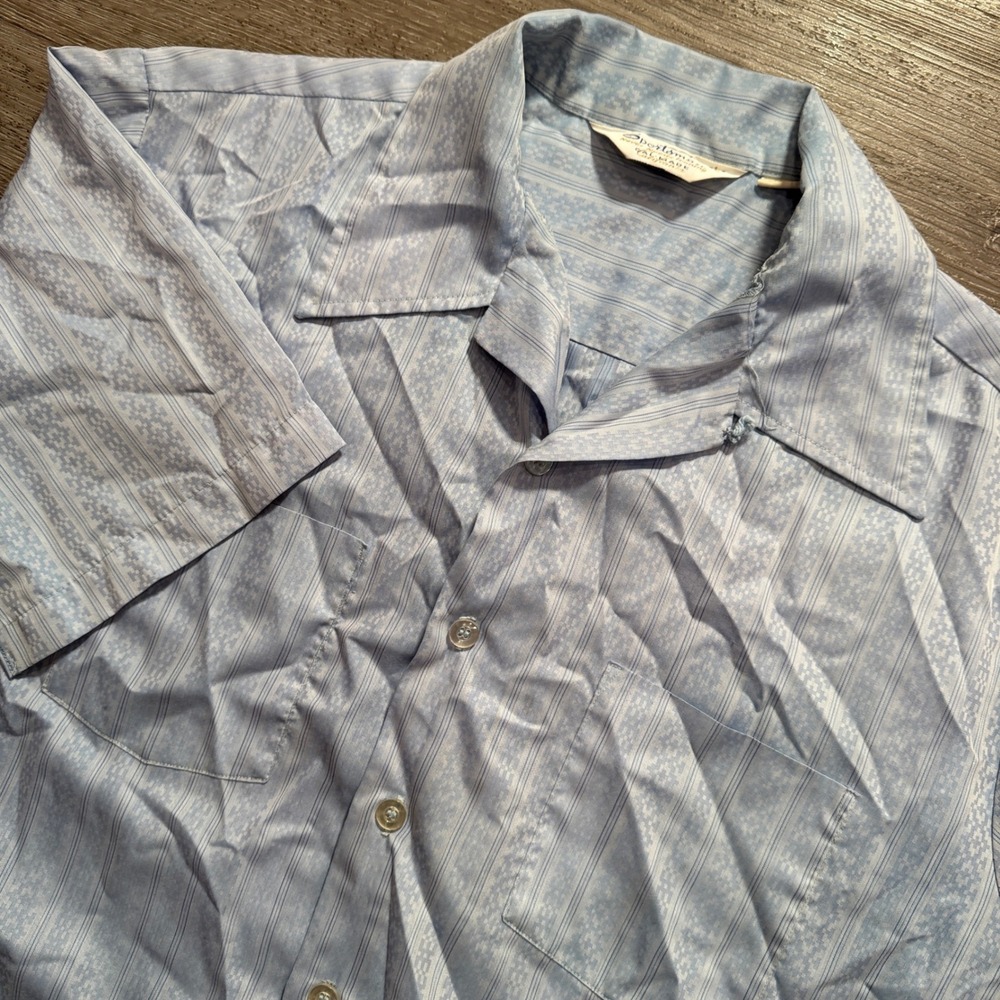 Vintage Sportsman California Shirt Mens L Blue Geometric Stripe Polyester 60s